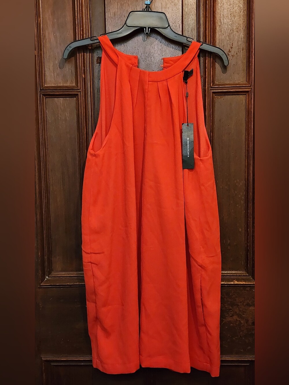 BCBGMAXAZRIA sleeveless halter-neck shift dress-Coral Orange-Large